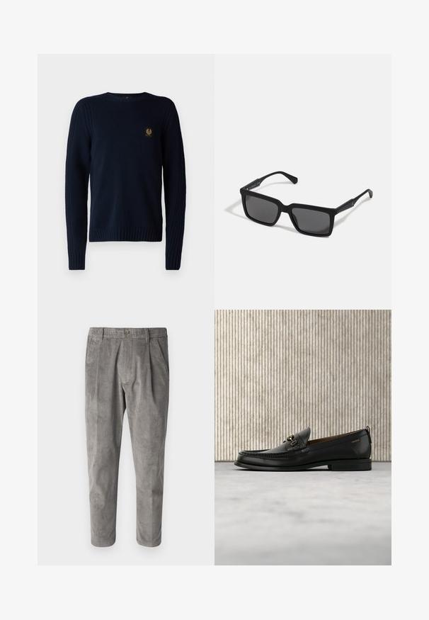 Belstaff WATCH CREWNECK JUMPER - Pullover - dark ink; Pantalons en velours côtelé gris avec un motif de rayures verticales texturé, dotés d'une fermeture par bouton et de deux poches latérales. Coupe ajustée et longueur raccourcie.; Mocassin en cuir noir avec mors en métal doré et logo "HUGO", présenté sur un tapis beige et un meuble translucide marron.; Lunettes de soleil noires avec des verres rectangulaires, finition mate, épaisses montures et branches fines comprenant un subtil détail de marque.