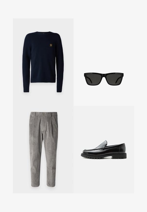 Belstaff WATCH CREWNECK JUMPER - Striktrøje - dark ink; Grå kordfløjlsbukser med et tekstureret vertikalt stribemønster, der har en knaplukning og to sidelommer. Tætsiddende pasform og cropped længde.; Sort læderloafer med chunky gummisål, syet overdel og præget mærkenavn på hælen, vist i sideprofil på hvid baggrund.; Sorte solbriller med en rektangulær form, blank plastikkant, mørke linser og et slankt stelldesign, egnet til forskellige ansigtsformer.