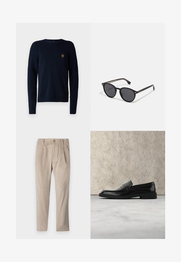 Belstaff WATCH CREWNECK JUMPER - Trui - dark ink; Beige corduroy broek met een elastische tailleband, knoopsluiting en plooien, met een rechte pijp en een gestructureerde stof.; Zwarte gepolijste leren loafer die boven een beige tapijt zweeft met oranje doorschijnend meubilair op de achtergrond.; BOSS Zonnebril - black