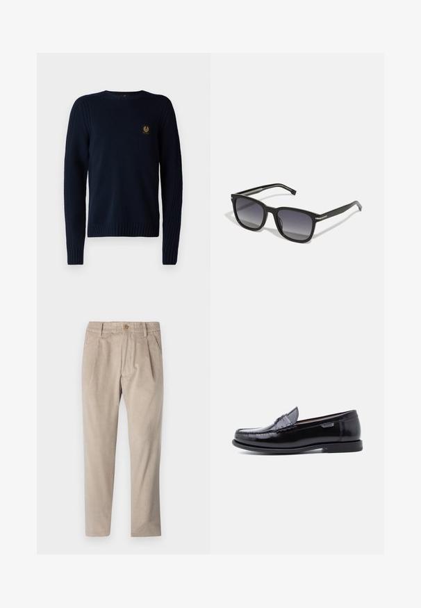 Belstaff WATCH CREWNECK JUMPER - Striktrøje - dark ink; Beige kordfløjspants med elastisk talje, knaplukning og plisseelementer, har et lige ben-design og struktureret stof.; Sorte læderloafer med en blank finish, der har et syet mønster på tåen og en lav, tekstureret sort gummisål.; BOSS Solbriller - black