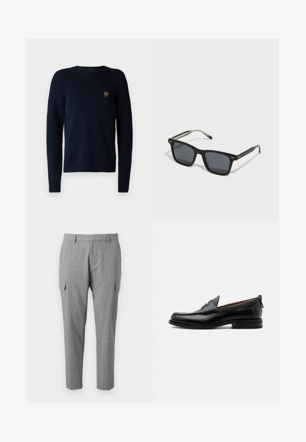 Belstaff WATCH CREWNECK JUMPER - Striktrøje - dark ink; Grå cargo-bukser lavet af struktureret stof, med sidelommer, en lige pasform og en mellemhøj talje. Pæne syninger og ingen synlige mønstre.; Sort læder herre loafer med moc-tå syning, penny strop, struktureret krave og lav stablet hæl på hvid baggrund.; Sorte firkantede solbriller med mørke linser, plastikramme, metalaccenter og signaturlogo på bøjen. Slank design med et moderne udseende.