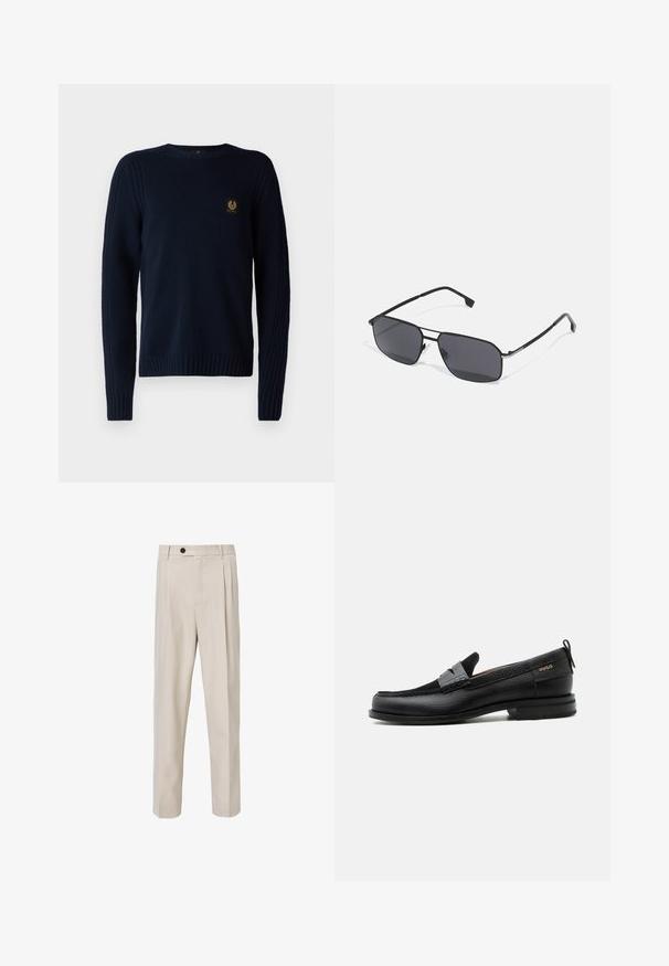 Belstaff WATCH CREWNECK JUMPER - Striktrøje - dark ink; Beige skræddersyede bukser med lige ben-design, der har frontplisseringer, knaplukning og en glat tekstur.; Sort læderloafer med grå remdetalje, lav hæl og tekstureret sål, mærket med "HUGO" i guld på siden.; Sorte solbriller med en rektangulær ramme, tonedede glas og slanke metalarme. Har diskrete sølvdetaljer på rammen.