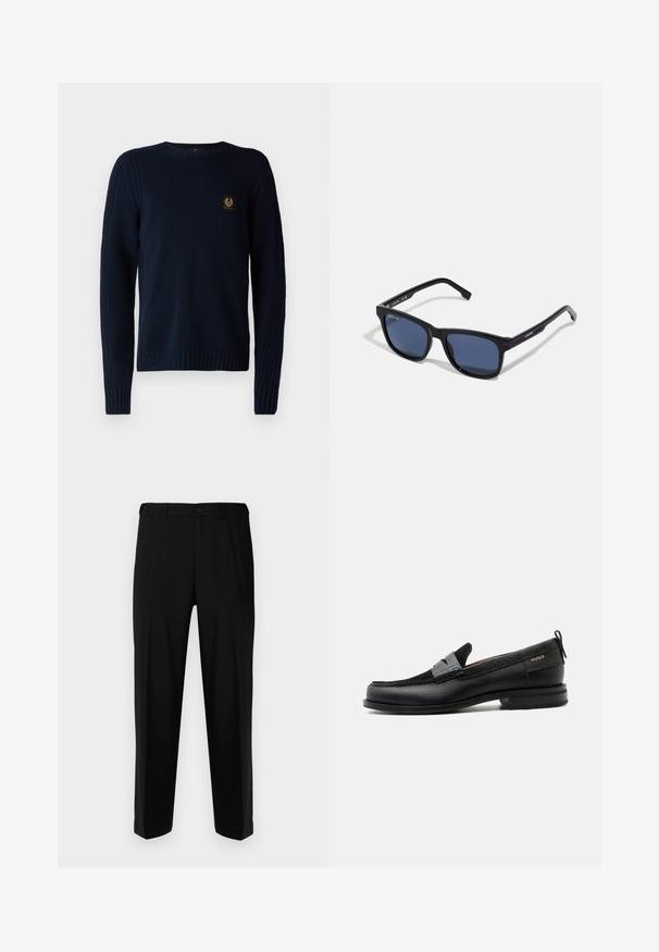 Belstaff WATCH CREWNECK JUMPER - Striktrøje - dark ink; Sorte bukser lavet af glat stof, med lige snit, to forlommer og lynlås med knaplukning.; Sort læderloafer med grå remdetalje, lav hæl og tekstureret sål, mærket med "HUGO" i guld på siden.; Sorte firkantede solbriller med mørkeblå linser. Har blå og røde accenter på stængerne, lavet af et holdbart materiale.
