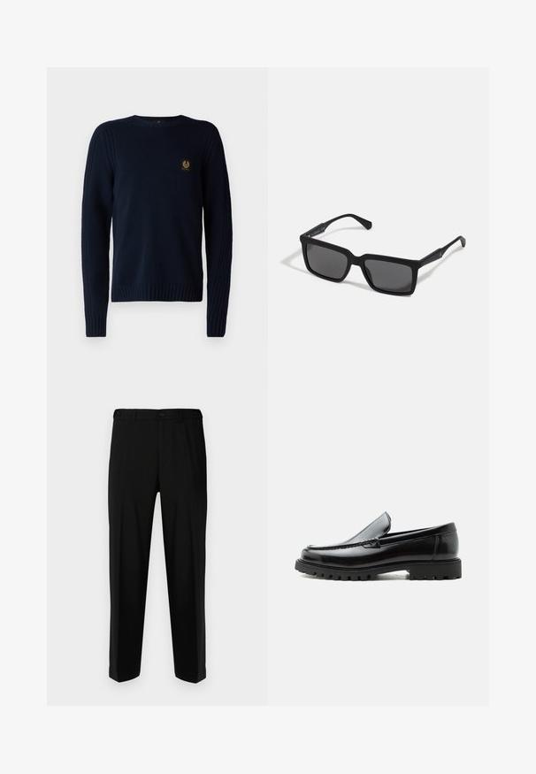 Belstaff WATCH CREWNECK JUMPER - Jersey de punto - dark ink; Pantalones negros de tela suave, con corte recto, dos bolsillos frontales y cremallera con cierre de botón.; Mocasín de cuero negro con suela de goma gruesa, empeine cosido y nombre de la marca en relieve en el talón, mostrado en perfil lateral sobre fondo blanco.; Gafas de sol negras con lentes rectangulares, acabado mate, montura gruesa y brazos delgados con un discreto detalle de marca.