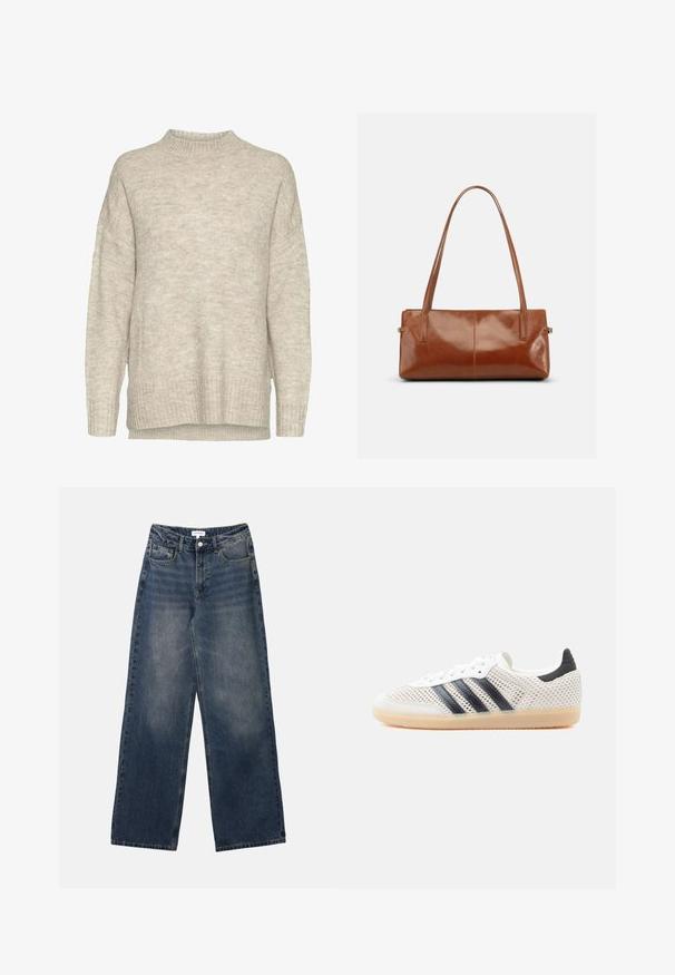Pull en tricot beige clair avec un col montant, des épaules tombantes, des poignets et un ourlet côtelés. Le tissu présente une finition douce et texturée.; Jeans en denim bleu taille haute pour hommes, avec jambes larges, bouton et fermeture éclair à l'avant, ainsi que poches avant et arrière.; Baskets en maille blanche avec un design à trois bandes noires, bout arrondi et semelle en caoutchouc gomme. Dotées d'un col de talon souple et d'une fermeture à lacets.; Sac à main rectangulaire en cuir marron avec deux longues bandoulières, finition lisse et brillante, au design minimaliste sur un fond uni.