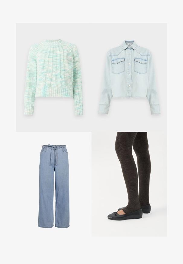 Striktrøje med struktur i lyseblå og hvide nuancer. Har en rund halsudskæring og ribbede manchetter og kant. Korte design med lange ærmer.; Lyseblå denimjakke med lange ærmer, trykknaplukning foran, to brystlommer med klap og en spids krave.; Lyseblå vidde denim bukser med høj elastisk talje og et matchende stofbælte foran.; Ben iført mørke ribbede leggings kombineret med sorte balletsko med små sløjfedetaljer på hvid baggrund.