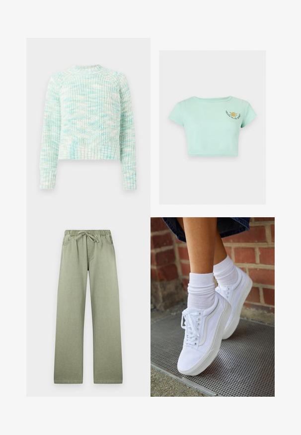 Striktrøje med struktur i lyseblå og hvide nuancer. Har en rund halsudskæring og ribbede manchetter og kant. Korte design med lange ærmer.; Mintgrøn ribbet cropped T-shirt med korte ærmer og en lille gul sol grafik med tekst på øverste venstre bryst.; Lysegrønne bukser med vide ben, elastisk talje og snøre, frontlommer og diskrete syningsdetaljer.; Hvide lærreds sneakers med gummisåler, der har seks snørehuller, rund tå og let sømdetaljer, krydret med hvide ankelstrømper.