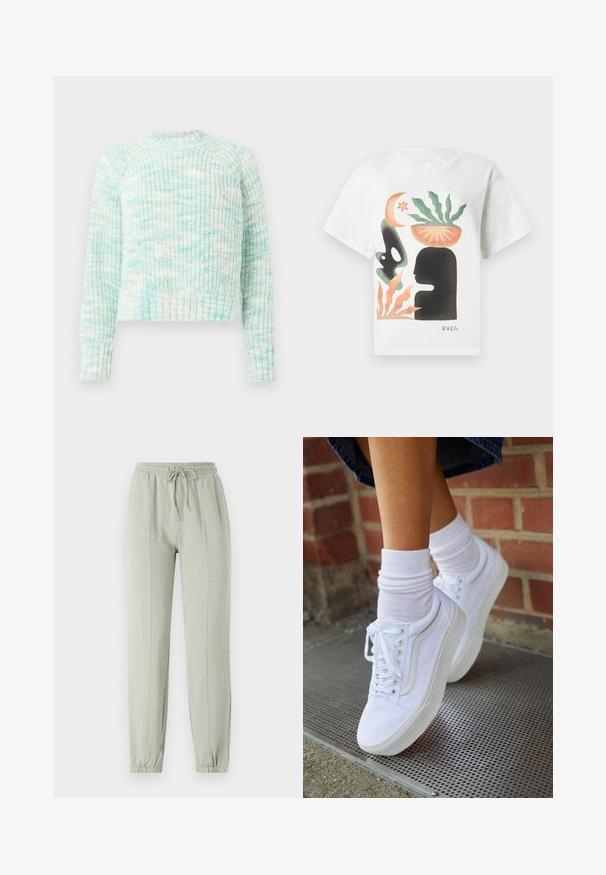 Pull en maille texturée dans des tons bleu clair et blanc. Dispose d'un col rond et de poignets et d'un ourlet côtelés. Design court avec des manches longues.; T-shirt blanche avec une art abstrait représentant une silhouette noire de tête, une plante verte dans un bol orange sur la tête, des formes orange et vert, et le logo "RVCA".; Pantalons de survêtement vert clair avec une taille élastique, un cordon de serrage ajustable et des poignets fuselés. Comprend des détails de couture verticaux sur le devant.; Baskets en toile blanches avec semelles en caoutchouc, dotées de six œillets, d'un bout rond et de détails de couture légers, portées avec des chaussettes blanches mi-mollet.