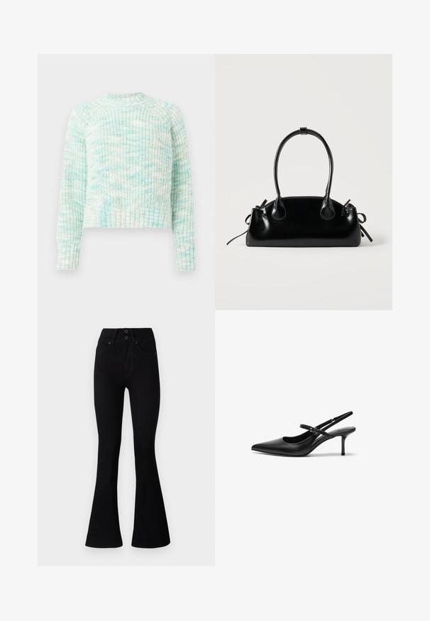 Striktrøje med struktur i lyseblå og hvide nuancer. Har en rund halsudskæring og ribbede manchetter og kant. Korte design med lange ærmer.; Pepe Jeans FLARE CONTOUR - Flared jeans - black denim; Sorte læder slingback hæle med spids tå, slank justerbar rem og en stiletto hæl på cirka 5 cm, glat tekstur.; Lille sort blank håndtaske med to lange håndtag og snøre-detaljer i siden på en ensfarvet lys baggrund.