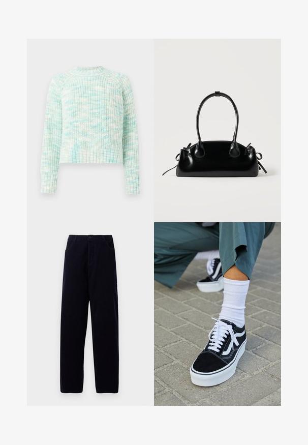 Striktrøje med struktur i lyseblå og hvide nuancer. Har en rund halsudskæring og ribbede manchetter og kant. Korte design med lange ærmer.; Mørkeblå kordfløjspants med lige ben, udstyret med frontlommer og knaplukning i taljen.; Sorte ruskinds sneakers med hvide accenter og snørebånd, der har en tyk hvid sål og kontrasterende syninger, parret med en hvid sok.; Lille sort blank håndtaske med to lange håndtag og snøre-detaljer i siden på en ensfarvet lys baggrund.