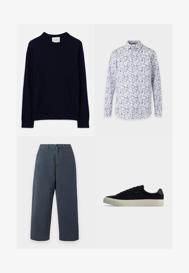 Marineblaues Langarm-Crewneck-Sweatshirt mit gerippten Bündchen und Saum, versehen mit einem kleinen weißen Etikett mit "CLOSED" am Kragen.; Langärmliges Hemd zum Knöpfen mit weißem Hintergrund und kleinem blau-schwarzem Blumenmuster auf Vorderseite und Ärmeln.; Navyblaue, weit geschnittene Baumwollhose mit strukturierter Oberfläche. Verfügt über Gürtelschlaufen und Seitentaschen. Gerade geschnitten mit gesäumten Kanten.; Schwarzer niedriger Sneaker mit weißer Gummisohle, schwarzen Schnürsenkeln und dezentem seitlichem Logo auf hellgrauem Hintergrund.