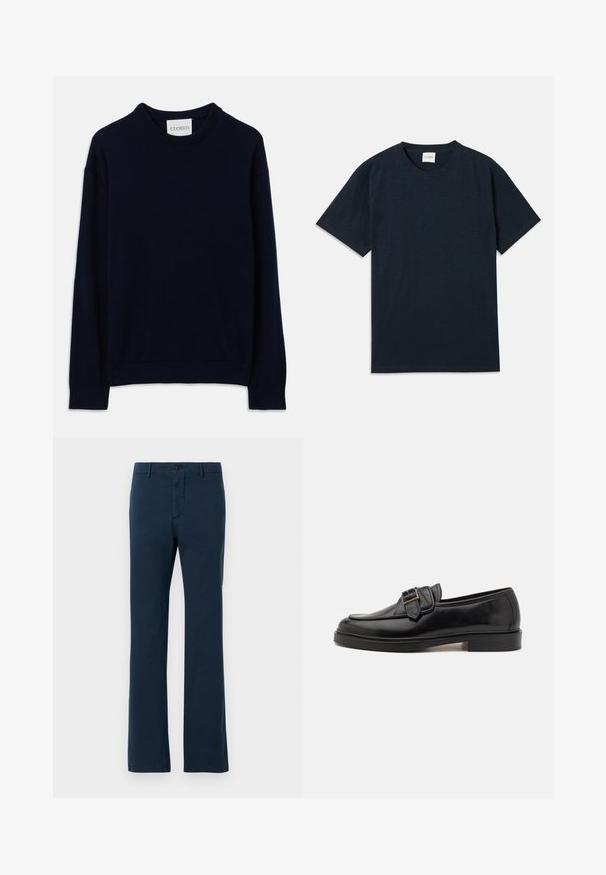 Marineblaues Langarm-Crewneck-Sweatshirt mit gerippten Bündchen und Saum, versehen mit einem kleinen weißen Etikett mit "CLOSED" am Kragen.; Ein einfarbiges, dunkelblaues Kurzarm-T-Shirt mit Rundhalsausschnitt und kleinem eingeprägtem Logo nahe dem unteren Saum.; Himbeerblaue Baumwollhose mit geradem Bein, ausgestattet mit einem vorderen Knopfverschluss und Gürtelschlaufen, glatter Textur und tailliertem Schnitt.; Schwarze Leder-Lederschuhe mit abgerundeter Zehenpartie und dekorativem Schnallenakzent. Flacher, solider Absatz und durchgehend glatte Oberfläche.