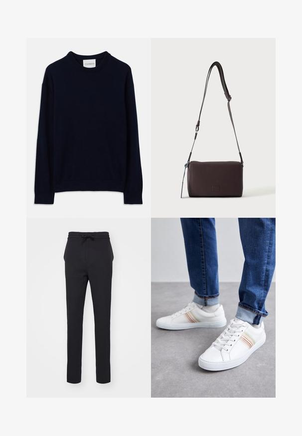 Marineblaues Langarm-Crewneck-Sweatshirt mit gerippten Bündchen und Saum, versehen mit einem kleinen weißen Etikett mit "CLOSED" am Kragen.; Schwarze, tapered Hosen aus einem weichen Stoff. Verfügt über einen Kordelzugbund und seitliche Taschen mit glatter Textur.; Weiße Leder-Sneaker mit mehrfarbigen Streifen, Schnürdesign, Gummisohle und gepolstertem Kragen, kombiniert mit blauen Jeans.; Dunkelbraune, strukturierte Leder-Crossbody-Tasche mit verstellbarem Riemen und kleinem dekorativen blauen Akzent an der Seite.
