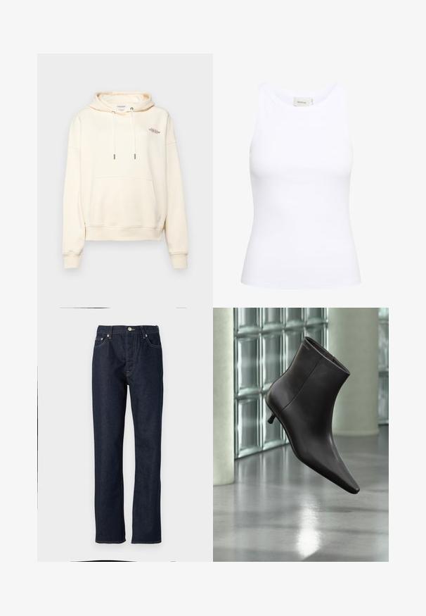 Cremefarbener Hoodie aus weichem Stoff, mit einer Front-Kängurutasche, Zugband mit Metallenden und kleinem gesticktem Logo.; Weißes, geripptes Tanktop mit Rundhalsausschnitt und ohne Ärmel. Elastisches Material und figurbetontes Design. Das Etikett auf der Rückseite trägt die Aufschrift "GESTUZ."; Dunkelblaue Jeans aus Denim mit geradem Schnitt, ausgestattet mit einem Knopf- und Reißverschluss, Fünf-Taschen-Design und kontrastierenden Nähdetails.; Schwarzer Leder-Knöchelstiefel mit spitzer Spitze und kleinem Absatz vor einer Wand aus Glasbausteinen und einem polierten Boden.