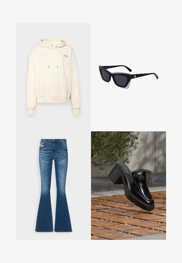 Cremefarbener Hoodie aus weichem Stoff, mit einer Front-Kängurutasche, Zugband mit Metallenden und kleinem gesticktem Logo.; Glockenjeans aus mittlerem blauen Denim, mit hoher Taille, Fünf-Taschen-Design und dezenten Waschungen an den Oberschenkeln.; Schwarze Leder-Slip-on-Mule von Calvin Klein mit Blockabsatz, die auf Holzfliesen im Freien nahe einer grünen Pflanze und einer grauen Wand ruht.; Schwarze übergroße Sonnenbrille mit geometrischer Form, ausgestattet mit dunklen Gläsern und einem kontrastierenden grauen Detail im Rahmen. Logo am Bügel.