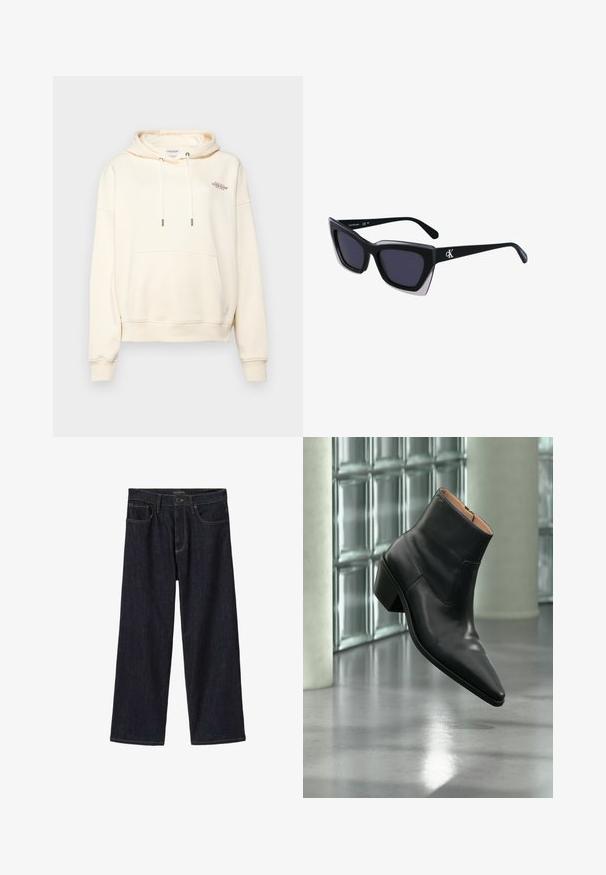 Cremefarbener Hoodie aus weichem Stoff, mit einer Front-Kängurutasche, Zugband mit Metallenden und kleinem gesticktem Logo.; Dunkel indigoblaue Jeans mit weitem Bein, mit vorderem Knopf- und Reißverschluss, Gürtelschlaufen und Vordertaschen, auf weißem Hintergrund dargestellt.; Schwarzer Leder-Stiefelette mit spitzer Schuhspitze und Blockabsatz, der über einem reflektierenden grauen Boden nahe einer Glassteinwand schwebt.; Schwarze übergroße Sonnenbrille mit geometrischer Form, ausgestattet mit dunklen Gläsern und einem kontrastierenden grauen Detail im Rahmen. Logo am Bügel.