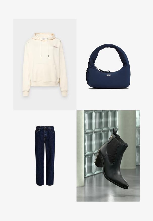 Sudadera color crema hecha de un tejido suave, con un bolsillo tipo canguro en la parte delantera, cordones con aglets de metal y un pequeño logo bordado.; Jeans de mezclilla azul oscuro con un diseño de pierna recta, que presentan una cintura alta, estilo de cinco bolsillos y costuras en contraste. Sin adornos.; Botín negro de cuero con tacón bloque y panel lateral elástico, flotando en interiores frente a una pared de bloques de vidrio y suelo de hormigón.; Bolso azul marino acolchado con asa curvada y un bolsillo frontal con cremallera, con el logo blanco "tommy jeans" en el centro frontal.