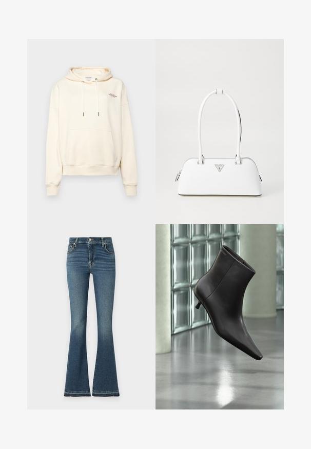 Cremefarbener Hoodie aus weichem Stoff, mit einer Front-Kängurutasche, Zugband mit Metallenden und kleinem gesticktem Logo.; Weite Jeans aus mittelblauem Denim mit hoher Taille, subtilen Waschungen, Fünf-Taschen-Design und sichtbaren Nähdetails.; Schwarzer Leder-Knöchelstiefel mit spitzer Spitze und kleinem Absatz vor einer Wand aus Glasbausteinen und einem polierten Boden.; Weiße Lederhandtasche mit geschwungener Form, versehen mit einem silbernen dreieckigen Logo und einem Reißverschluss. Glatte Textur und zwei Griffe.