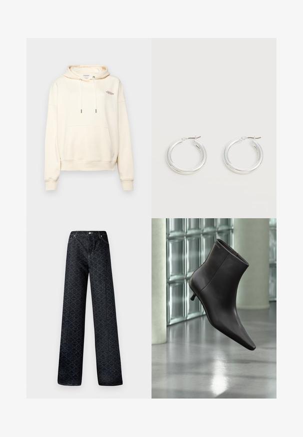 Cremefarbener Hoodie aus weichem Stoff, mit einer Front-Kängurutasche, Zugband mit Metallenden und kleinem gesticktem Logo.; Dunkelblaue, weite Jeans mit geometrischem Muster, aus Denim gefertigt. Mit Metallknopf, Reißverschluss und Kettelung der vorderen Taschen.; Schwarzer Leder-Knöchelstiefel mit spitzer Spitze und kleinem Absatz vor einer Wand aus Glasbausteinen und einem polierten Boden.; Paar mittelgroße glänzende silberne Hoop-Ohrringe mit dünnen Metallverschlüssen auf hellem neutralem Hintergrund.