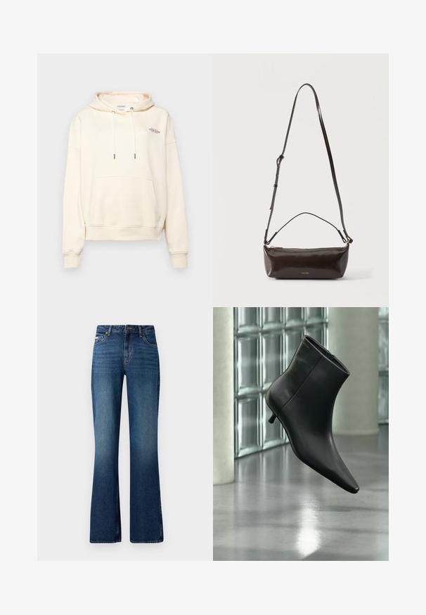 Cremefarbener Hoodie aus weichem Stoff, mit einer Front-Kängurutasche, Zugband mit Metallenden und kleinem gesticktem Logo.; Schlagjeans in einer mittelblauen Waschung, mit einem klassischen Fünf-Taschen-Design, Knopfverschluss und einer leicht verwaschenen Textur.; Schwarzer Leder-Stiefelette mit spitzer Zehenpartie und niedrigem Kitten-Heel, schräg dargestellt vor einem polierten Boden und einer Glasbausteinwand.; Kleine glänzende dunkelbraune Leder-Schultertasche mit verstellbarem Riemen, Tragegriff oben und goldfarbenem Reißverschluss.