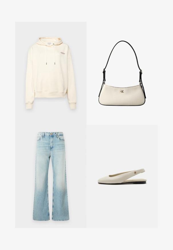 Kreemivärvi kapuutsiga särk, mis on valmistatud pehmest kangast, esiosas on tasku, paelad metallist otsakute ja väikese hästi õmmeldud logoga.; Heledad sinine denim materjalist laiad püksid kõrge vöökoht, ees taskud ja lukk. Kangas on tuhmik ja veidi tekstureeritud.; Kreemikas nahast slingback-tasapinnaline king, millel on ümar ninaosa ja väike kuldne embleem rihmal.; Väike kergelt kollaka tooniga õlakott musta ääristusega, reguleeritava musta rihmaga ning hõbedane "cK" logo esiküljel keskel.