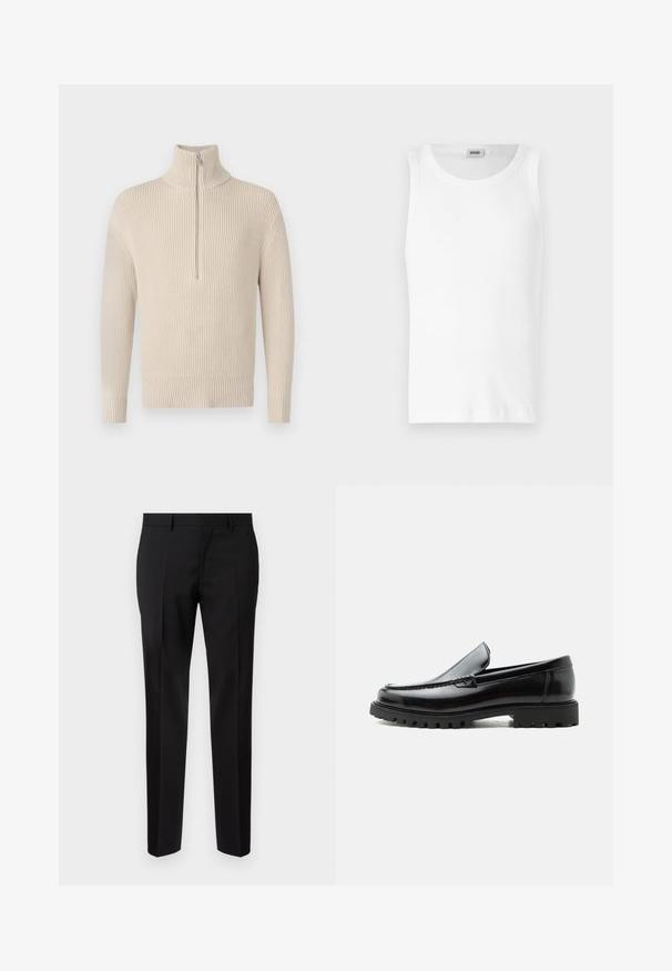 Sweater de punto acanalado beige con un cuello alto y medio zipper. Presenta mangas largas y un dobladillo recto. Textura suave.; Camiseta sin mangas de algodón blanco con cuello redondo y una textura suave. Diseño sencillo, sin patrones ni acentos.; Pantalones negros de corte ajustado, hechos de una tela suave, con pernera recta, detalles de pinzas refinadas y una cinturilla clásica con ojales para cinturón.; Mocasín de cuero negro con suela de goma gruesa, empeine cosido y nombre de la marca en relieve en el talón, mostrado en perfil lateral sobre fondo blanco.