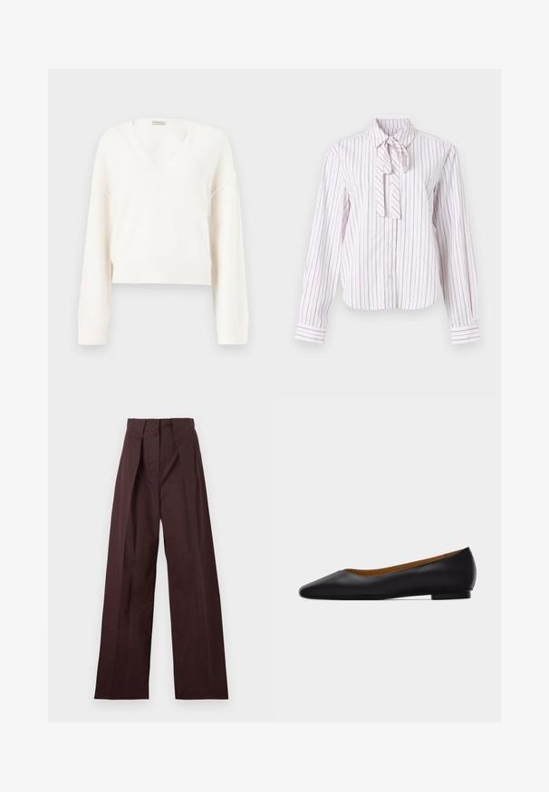 Pull court en tricot blanc avec manches longues et col en V, présenté sur un fond neutre.; Chemise à manches longues blanche avec des rayures verticales roses, dotée d'un col cravaté, d'une fermeture à boutons et d'une coupe structurée.; Pantalon taille haute marron foncé ajusté avec jambes larges et plis avant, présenté à plat sur un fond clair.; Chaussure plate en cuir noir à bout pointu avec talon bas et finition lisse, vue de côté sur un fond gris clair.