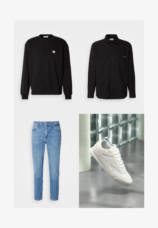 Zwarte katoenen crewneck sweatshirt met lange mouwen, voorzien van een klein, rechthoekig logo-patch op de borst en geribbelde manchetten.; Zwarte lange mouwen shirt van katoen, met een knoopsluiting aan de voorkant, twee borstzakken en een klein logo op de linkse zak.; Lichtblauwe denim jeans met een rechte pasvorm, vijf zakken en subtiele vervaging. Voorzien van een knoopsluiting en riemlussen.; Witte Calvin Klein sneaker met mesh- en suèdetails, veters gestrikt, zwevend boven een gepolijste grijze vloer nabij een glazen blokmuur.
