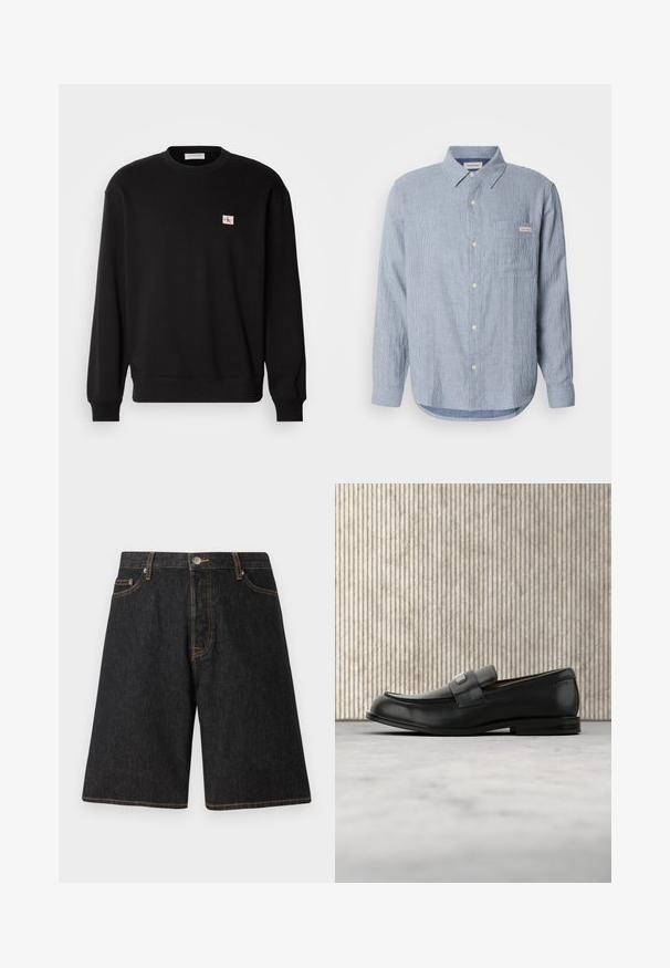 Schwarzer Baumwoll-Pullover mit Rundhalsausschnitt und langen Ärmeln, mit einem kleinen, rechteckigen Logo-Patch auf der Brust und gerippten Bündchen.; Hellblau gestreiftes Button-Up-Hemd, aus Baumwollstoff, mit langen Ärmeln, spitzem Kragen, einer einzelnen Brusttasche und Logo-Tag-Details.; Schwarze Jeansshorts mit geradem Beinschnitt, orangefarbener Naht, fünf Taschen und einem Metallknopfverschluss am Bund.; Schwarzer Lederloafer mit einer Metallmarkenplatte, der nahe einem braunen runden Tisch auf beigem Teppichboden ruht.