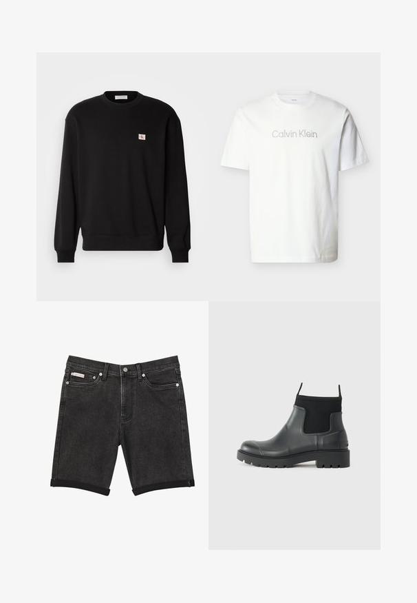 Zwarte katoenen crewneck sweatshirt met lange mouwen, voorzien van een klein, rechthoekig logo-patch op de borst en geribbelde manchetten.; Witte korte mouw t-shirt van katoen, met een grijze "Calvin Klein"-logo over de borst in een minimalistisch lettertype.; Zwarte denimshorts met omgeslagen zomen, sluiting met knoop en rits aan de voorkant, riemlussen en voorzakken op een effen achtergrond.; Zwarte enkelboots van rubber met een matte afwerking, voorzien van een slank ontwerp, elastische panelen en een chunky zool voor grip.