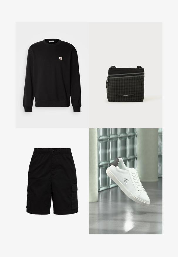 Zwarte katoenen crewneck sweatshirt met lange mouwen, voorzien van een klein, rechthoekig logo-patch op de borst en geribbelde manchetten.; Zwarte cargoshorts met elastische tailleband, knoopsluiting en voorvleugeltassen aan beide zijden.; Witte sneaker met zwarte hielstuk en "ck" logo, met veters, zwevend boven glanzende grijze vloer met glasstenen muur en zuilen op de achtergrond.; Zwart en grijs Calvin Klein schoudertasje met ruitpatroon, voorzak met ritssluiting en verstelbare riem op een witte achtergrond.
