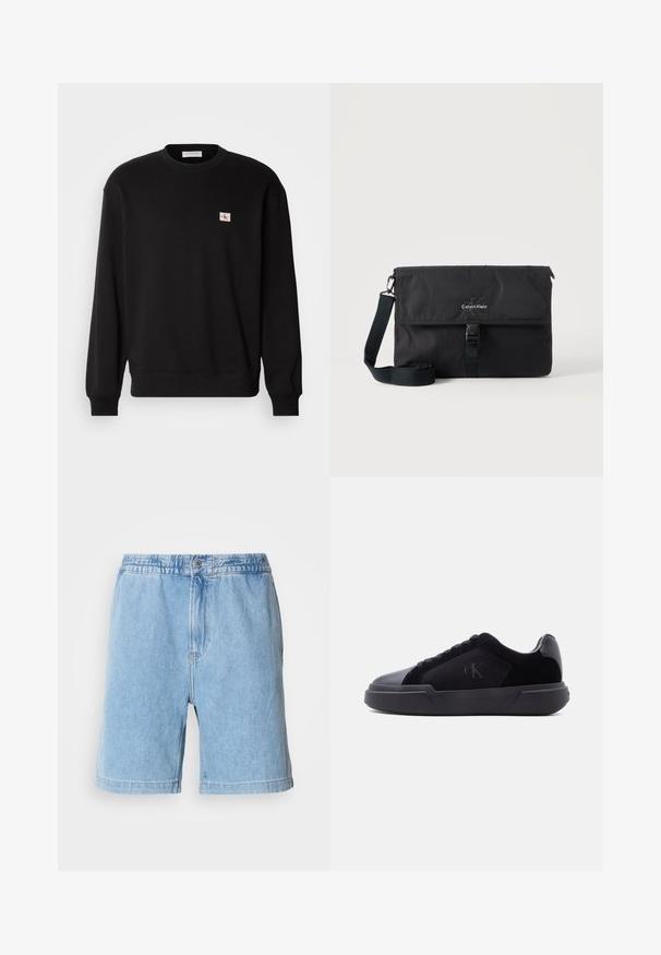 Sort bomuldscrewneck sweatshirt med lange ærmer, der har et lille, rektangulært logo-patch på brystet og ribbede mansjetter.; Lys blå denimshorts med elastisk talje, knaplukning foran, sidelommer og lige skæring. Længde til midt på låret.; Sort lav sko med tyk sål, snørebånd foran og diskret "cK"-logo på sidespanden.; Sort Calvin Klein messenger-taske med justerbar skulderrem og frontklap sikret med spænde, vist mod en ensfarvet baggrund.
