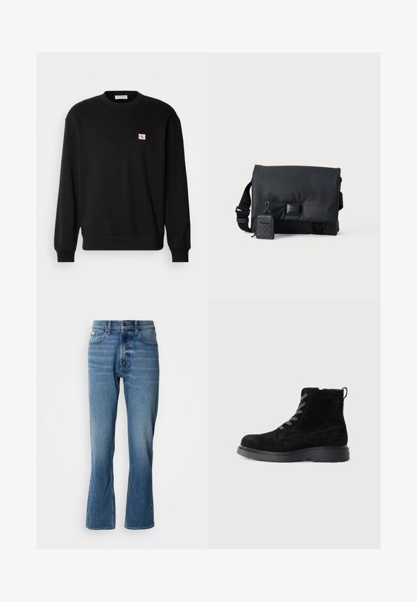 Schwarzer Baumwoll-Pullover mit Rundhalsausschnitt und langen Ärmeln, mit einem kleinen, rechteckigen Logo-Patch auf der Brust und gerippten Bündchen.; Hellblaue Denim-Jeans mit geradem Schnitt und leicht ausgestelltem Bein. Verfügt über fünf Taschen, einen Knopfverschluss und dezente Waschungseffekte.; Schwarze Wildleder-Stiefeletten mit einer strukturierten Oberfläche, runder Zehenpartie, grauen Schnürsenkeln und einer stabilen schwarzen Sohle. Verfügt über eine kleine Zuglasche an der Rückseite.; Schwarze Umhängetasche mit einer eleganten, glatten Außenseite, einem verstellbaren Trageriemen und einem kleinen abnehmbaren Beutel mit geometrischem Muster.