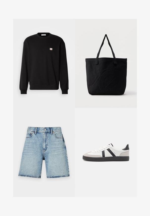Schwarzer Baumwoll-Pullover mit Rundhalsausschnitt und langen Ärmeln, mit einem kleinen, rechteckigen Logo-Patch auf der Brust und gerippten Bündchen.; Helle blaue Jeansshorts mit geradem Schnitt, fünf Taschen und sichtbaren Nähten. Mit Knopfverschluss vorne.; Weiße Sneaker mit schwarz- und grau-aczenten, ausgestattet mit einer strukturierten grauen Zehenkappe, schwarzer Gummi-Sohle und flachen weißen Schnürsenkeln. Sauberes Design, minimalistische Stil.; Schwarze Canvas-Shopper-Tasche mit zwei Schulterriemen und einem dezenten, eingeprägten kreisförmigen Design auf der Vorderseite.