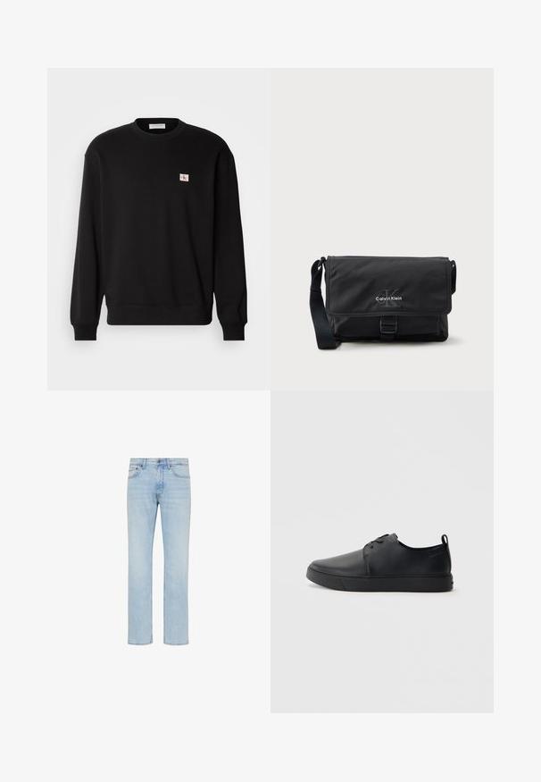 Sort bomuldscrewneck sweatshirt med lange ærmer, der har et lille, rektangulært logo-patch på brystet og ribbede mansjetter.; Lyseblå straight-leg jeans i denim med forreste knap, lynlås og design med fem lommer vist på hvid baggrund.; Sorte lædersneakers med en glat finish, rund tå, tonalt syning, snøring foran og en flad gummisål. Løkke ved hælen.; Sort messenger-taske lavet af holdbart stof med klaplukning, frontspænde og Calvin Klein-logo i sølv. Justerbar rem inkluderet.