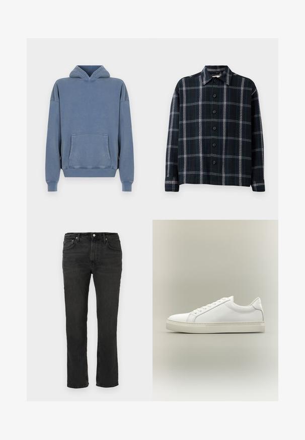 Blå bomulds sweatshirt med en frontlomme, justerbar snøre hætte og ribbede manchetter. Glat tekstur, afslappet pasform og syet detaljer.; Sort og mørkeblå ternet langærmet skjorte med hvide striber, knaplukning foran og spids krave.; Sorte denimjeans med lige ben, fem lommer og bæltestropper, knaplukning foran og synlige syningsdetaljer.; Hvid lavtop sneaker med snørebånd foran og tyk sål, vist fra siden mod en neutral baggrund.