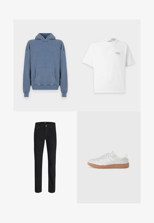 Blå bomulds sweatshirt med en frontlomme, justerbar snøre hætte og ribbede manchetter. Glat tekstur, afslappet pasform og syet detaljer.; Hvid kortærmet T-shirt med lille sort tekst med teksten "AVENIDA" og yderligere mindre tekst på den øverste venstre brystområde.; Sorte denimjeans med lige ben, der har forlommer og knaplukning. Glat tekstur med et klassisk design.; Sølv sneakers med en glat overflade, snørebånd, perforerede detaljer og en struktureret brun gummi sål.