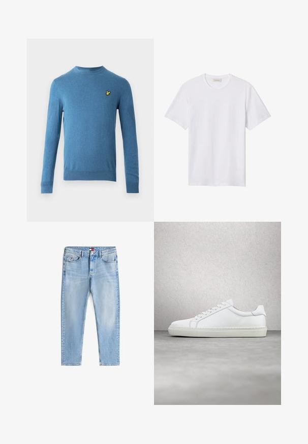 Blå strikket sweater med lange ærmer, rund halsudskæring og en lille gul fuglelogo på venstre bryst. Glat tekstur og tætsiddende design.; Hvidt ensfarvet T-shirt med korte ærmer og rund hals, med lille præget logo på venstre bryst og mærke indeni kraven.; Lyseblå afslappede jeans med fem lommer, knaplukning og let slid, lagt fladt på en hvid baggrund.; Hvide sneakers med en glat læderoverdel og lav profil. Har en rund tå, seks snørehuller og en tekstureret gummisål.