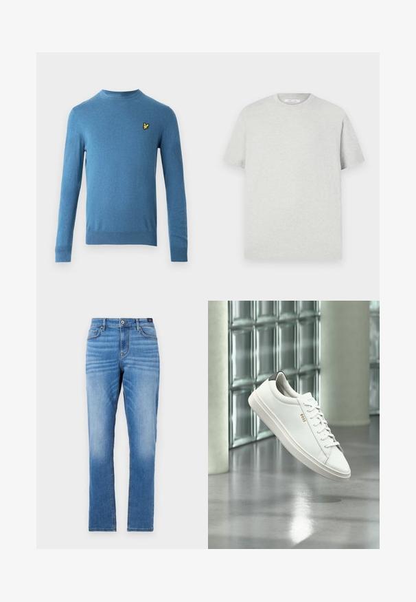 Pull en maille bleu à manches longues, col rond, avec un petit logo d'oiseau jaune sur la poitrine gauche. Texture lisse et coupe ajustée.; T-shirt à manches courtes gris clair en matière douce, avec un col rond et une coupe décontractée, sans motifs ni accents visibles.; Jean en denim bleu clair avec une coupe droite, un design à cinq poches, une fermeture à bouton sur le devant et un léger délavage au niveau des cuisses.; Baskets basses en cuir blanc avec lacets, languette de talon noire et logo « BOSS », flottant à l'intérieur près d'un mur en blocs de verre et d'un sol poli.
