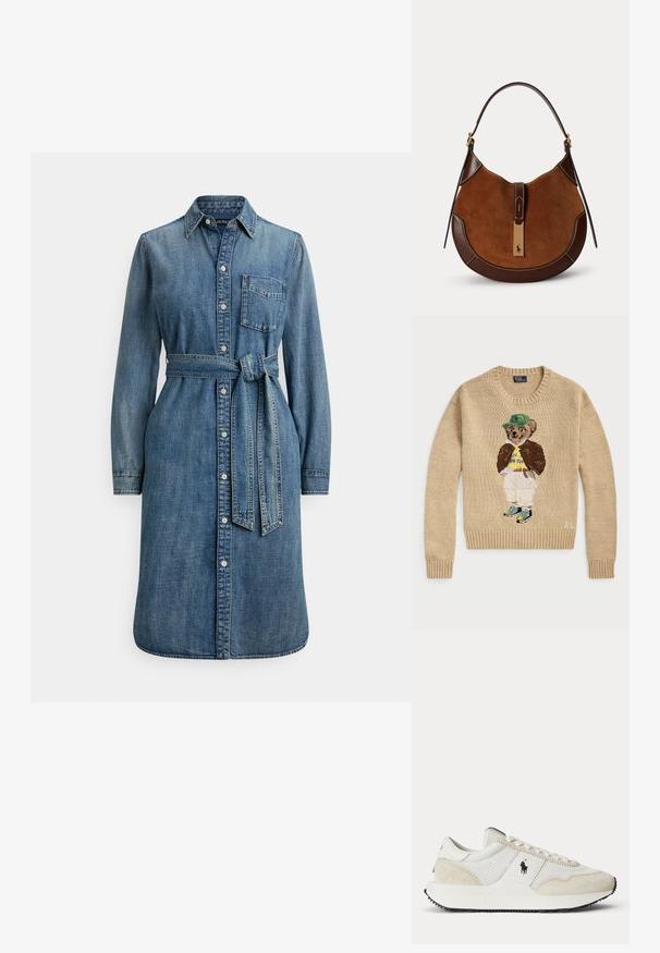 Beige strikketrøje med en broderet bjørn, der bærer en grøn hat, gul skjorte, brun jakke og lyse bukser med sneakers.; Denimskjortekjole med lange ærmer, knaplukning foran, en brystlomme og et bælte i samme stof. Farve: mellemblå med en struktureret finish.; Hvid og beige sportssneaker med mesh- og ruskindspaneler, snørebånd, sort Polo-logo på siden og struktureret sort sål.; Brun ruskind- og lædertaske formet som en halvmåne med enkelt rem og guldfarvet lukning med et lille hest og rytter logo.