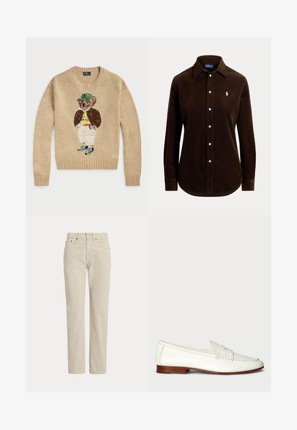 Beige gebreide trui met een geborduurd berenfiguur dat een groene hoed, een gele shirt, een bruine jas en lichte broek met sneakers draagt.; Donkerbruin corduroy overhemd met lange mouwen, knopen, kraag en klein wit geborduurd logo op de linkerborst.; Beige corduroy broek met rechte pijpen, riemlussen, knoop aan de voorkant, ritssluiting en voorzakken.; Witte leren instappers met een getextureerde afwerking, ronde neus en geweven accent. Lage houten hak en minimalistisch ontwerp.
