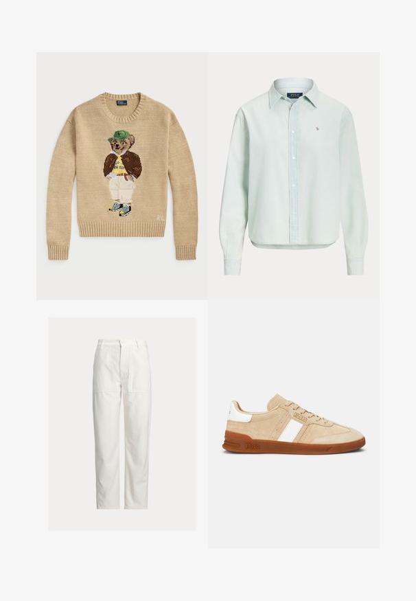 Beige strikketrøje med en broderet bjørn, der bærer en grøn hat, gul skjorte, brun jakke og lyse bukser med sneakers.; Lyseblå langærmet skjorte med knapper og krave, med lille broderet Polo Ralph Lauren-logo på brystet og synlige hvide knapper foran.; Hvide bukser med lige ben, store foran-lommer, bæltestropper og lukning med knap i taljen.; Beige ruskindssneakers med hvide striber, gummisål og brune detaljer. Har en tekstureret overflade og en logo på siden.