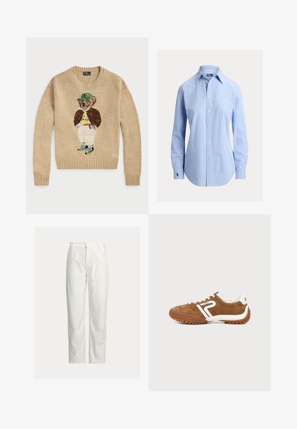 Beige strikketrøje med en broderet bjørn, der bærer en grøn hat, gul skjorte, brun jakke og lyse bukser med sneakers.; Lyseblå stribet skjorte med knapper, klassisk krave, lange ærmer og buet kant. Har et diskret logo på manchetten. Fremstillet i bomuldsblanding.; Hvide bukser med lige ben, store foran-lommer, bæltestropper og lukning med knap i taljen.; Brun ruskind lavt snøresko med hvide accenter, gummisål, hvide snørebånd og Polo-logo på siden og hælen, vist i sidevisning.