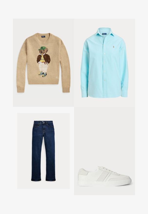 Beige strikketrøje med en broderet bjørn, der bærer en grøn hat, gul skjorte, brun jakke og lyse bukser med sneakers.; Lyseblå skjorte med lange ærmer, knapper og krave, med en lille broderet logo på venstre bryst.; Mørkeblå straight-leg jeans med frontknap og lynlås, fem-lomme design og synlige syninger.; Hvid sneakers med en glat læderoverdel, suedet detaljer og flade snørebånd. Har en tekstureret gummisål og et minimalistisk design.