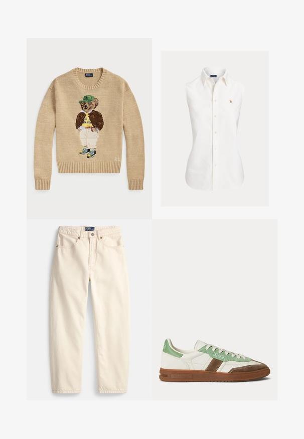 Pull en tricot beige avec un personnage d'ours brodé portant un chapeau vert, une chemise jaune, une veste marron et un pantalon clair avec des baskets.; Chemise blanche sans manches en coton, avec un col pointu, une fermeture à boutons sur le devant et un petit logo brodé sur le côté gauche.; Jean de couleur crème en denim, présentant une coupe droite, des poches avant et un détail de surpiqûres. Fermeture avec bouton en métal et fermeture éclair.; Baskets Polo basses en cuir blanc, avec des accents en daim vert, une bande en daim marron et une semelle en gomme.
