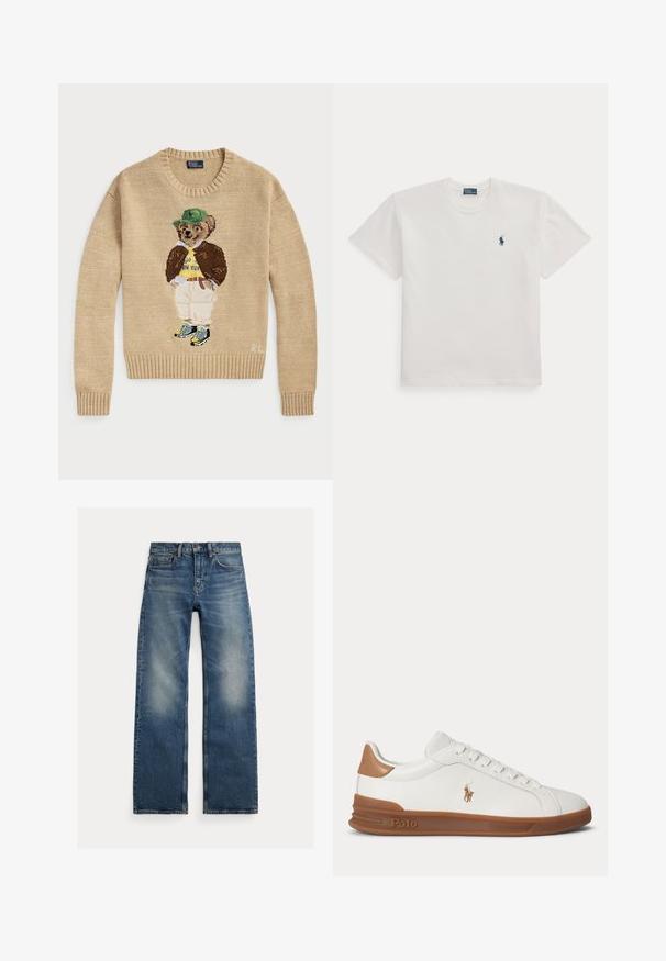 Beige strikketrøje med en broderet bjørn, der bærer en grøn hat, gul skjorte, brun jakke og lyse bukser med sneakers.; Hvid t-shirt med korte ærmer og rund hals med et lille mørkeblåt polo spiller logo på venstre bryst.; Blå jeans med lige ben og falmede områder på lårene, fem-lommer design og knaplukning, lagt fladt på en hvid baggrund.; Hvid lavskoet sneaker med brun sål og hæl, broderet Polo-logo på siden og hvide snørebånd.