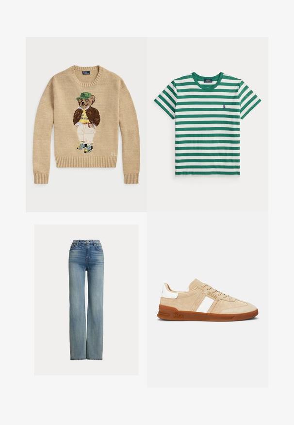 Beige strikketrøje med en broderet bjørn, der bærer en grøn hat, gul skjorte, brun jakke og lyse bukser med sneakers.; Kortærmet T-shirt med grønne og hvide horisontale striber, rund hals og lille lilla broderet logo på brystet.; Højtaljede, lige ben blå jeans med forlommer, bæltestropper og knaplukning, der har subtile slidte detaljer.; Beige ruskindssneakers med hvide striber, gummisål og brune detaljer. Har en tekstureret overflade og en logo på siden.