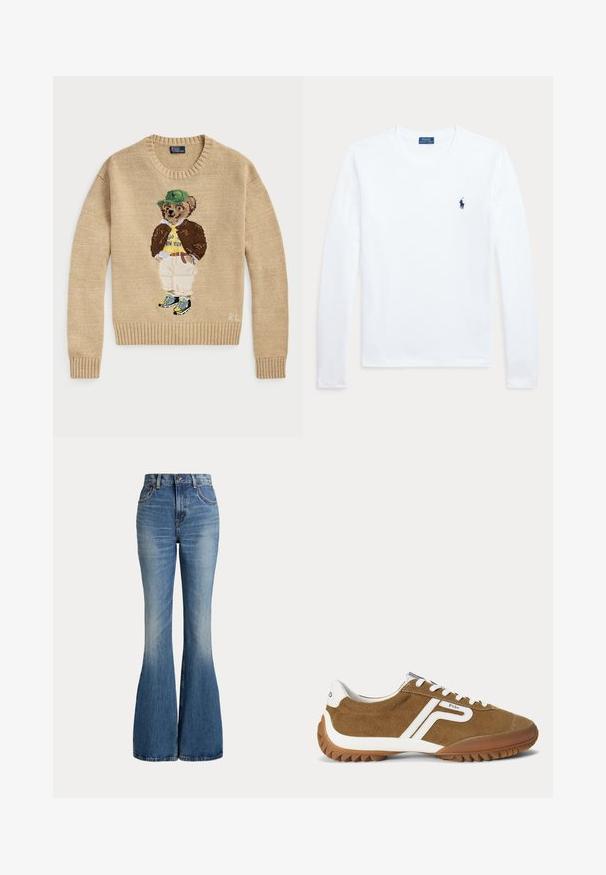 Beige Strickpullover mit einem gestickten Bärencharakter, der einen grünen Hut, ein gelbes Hemd, eine braune Jacke und helle Hosen mit Turnschuhen trägt.; Weißes Langarmshirt mit Rundhalsausschnitt und kleinem dunkelblauen Polo Ralph Lauren-Logo auf der linken Brust.; Hoch taillierte blaue Denim-Jeans mit ausgestellten Beinen und leichtem Verblassen im vorderen Oberschenkelbereich, vor weißem Hintergrund gezeigt.; Brauner Wildledersneaker mit weißen Akzenten, weißen Schnürsenkeln und "Polo" Branding an der Seite und Ferse, der das äußere Profil zeigt.