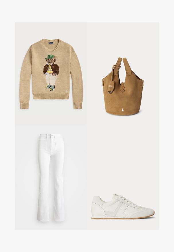 Beige strikketrøje med en broderet bjørn, der bærer en grøn hat, gul skjorte, brun jakke og lyse bukser med sneakers.; Hvide flared jeans med høj talje, lavet af denim. Har to frontlommer og slidser i bunden. Rent design uden synlige detaljer.; Hvid lavtop sneaker med snørelukning foran, ruskind- og læderpaneler og en lysebrun gummisål på en hvid baggrund.; Brun ruskindstaske med dobbelte håndtag, en lille mærkat, knaplukning og hvid Polo Ralph Lauren-logo på forsiden.