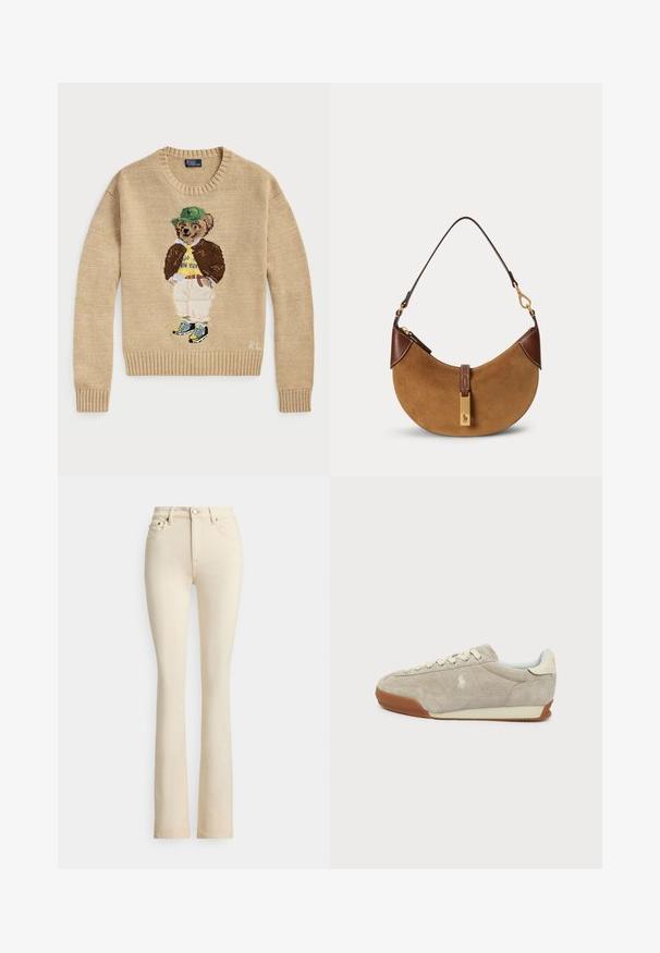 Beige strikketrøje med en broderet bjørn, der bærer en grøn hat, gul skjorte, brun jakke og lyse bukser med sneakers.; Beige jeans med vidde ved benene og høj talje, to forlommer og lukning med knap. Glat tekstur og minimale syningsdetaljer.; Beige ruskind lavt sneaker med hvide snørebånd, brun gummisål og et lille broderet logo på siden.; Brun ruskind halv-måne taske med mørkebrune læderdetaljer, guldfarvet hardware og kort skulderrem.